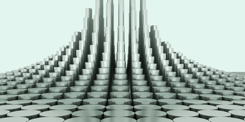 3d rendering of abstract cylindrical shapes forming waves. Futuristic geometric pattern in pastel tones.