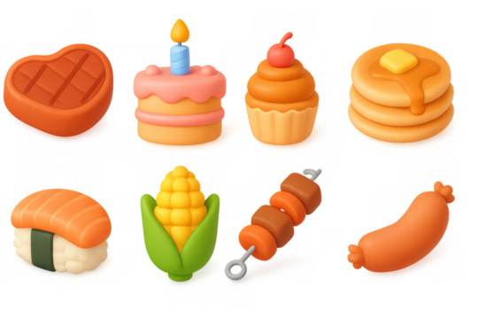 3d food icons: dessert and snack collection in cute cartoon style