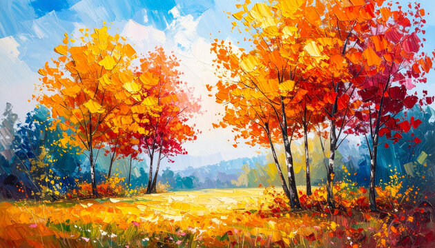 Oil painting of landscape with autumn tree. Acrylic palette knife technique. Fall season. Hand drawn