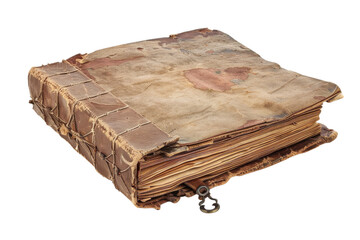 Old leather-bound book with worn pages and a metal clasp on a white background showcasing its antique charm and historical significance