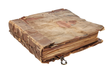 Old leather-bound book with worn pages and a metal clasp on a white background showcasing its antique charm and historical significance