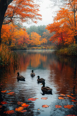 ducks swim in a pond framed by autumn foliage.