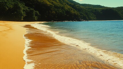 Golden beach meets turquoise ocean, tropical paradise.