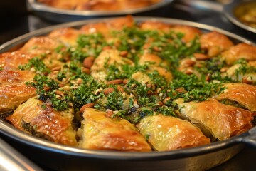 Fototapeta premium Deliciously Layered Baklava with Nut Filling and Garnish of Greens, a Sweet Phyllo Pastry Delight