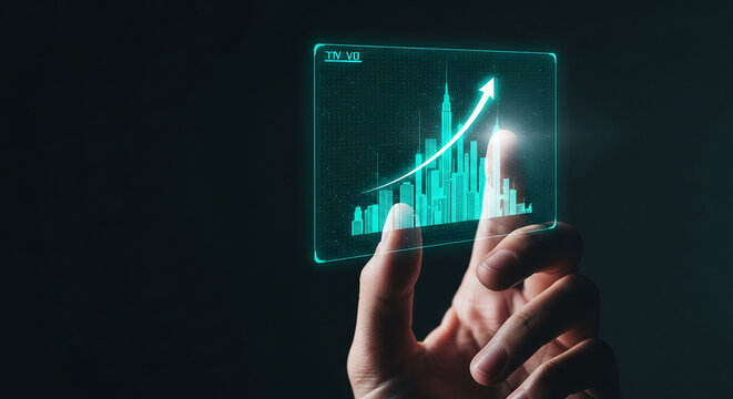 Hand holding transparent screen showing upward city skyline graph, symbolizing growth, progress, and urban development, suitable for business or technology concepts