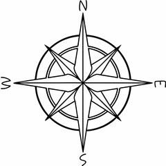 Fototapeta premium Black and white compass rose with directional letters N S E W on white background navigation north