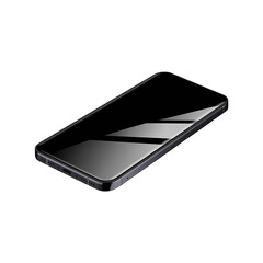 Black modern smartphone in isometric 3D view with glossy screen isolated on transparent background for mobile device or technology concept