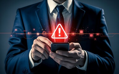 Businessman holding smartphone with glowing red warning sign and digital network mobile