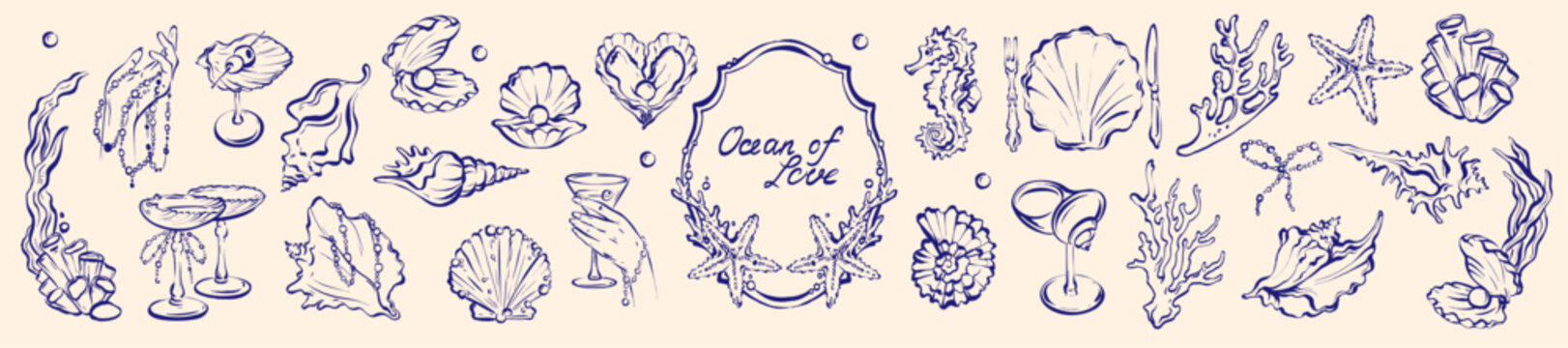 Ocean shell doodle, marine coral wedding decor, sea underwater line illustration coastal party decor. Nautical wine glass, elegant seaweed, starfish, conch romantic graphic. Vintage ocean doodle set