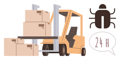 Forklift moving stacked boxes, insect pest icon, and 24-hour speech bubble ideal for logistics, pest control, warehouse safety, delivery, efficiency, round-the-clock services, simple flat metaphor