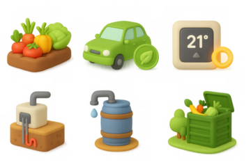 Eco-friendly icons set featuring gardening, composting, and green energy elements in 3d cartoon style