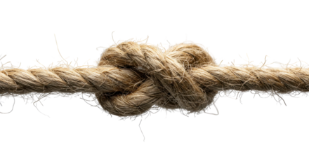 Natural jute fiber rope tied in a secure knot isolated horizontally on white background