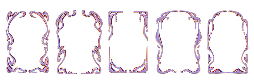 3D liquid chrome frame set, futuristic gothic metal y2k border, organic empty banner aesthetic kit. Melted silver shapes, holographic droplet symmetric ornament, neon cosmic fluid metal. Chrome frame
