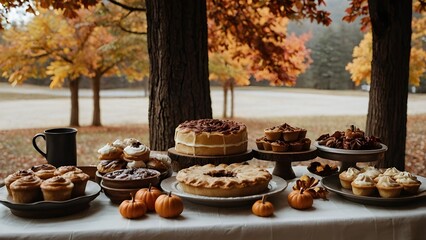 Autumn Treats Table with Cakes Pies Cupcakes Pumpkins Fall Foliage Outdoor Scene