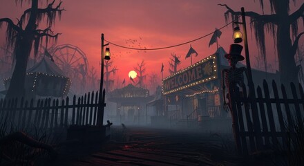Eerie carnival scenery at twilight featuring ominous architecture and skeletal figure under the