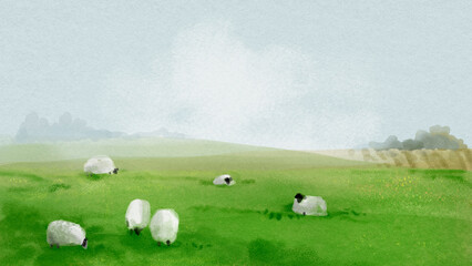 Fototapeta premium Farm landscape desktop wallpaper, watercolor HD background