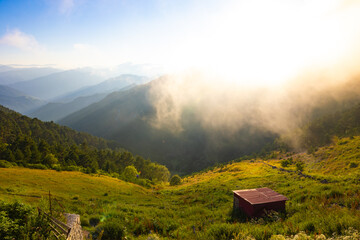 Landscape of the forest covered foggy mountains and a shed at sunset