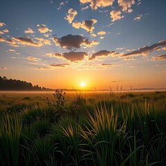 Obraz premium A sunrise over a dew-covered meadow.
