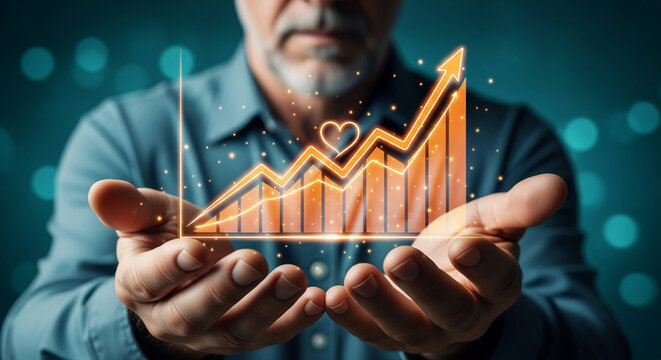 Hands hold glowing graph with upward arrow and heart, symbolizing growth and positive impact, showcasing business success and Valentine's Day theme