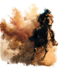A cowboy rides a horse through a dust storm