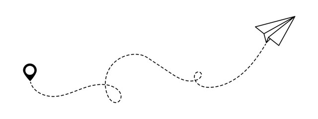 Paper airplane, path travel route with start point and dash line trace for plan vector illustration	