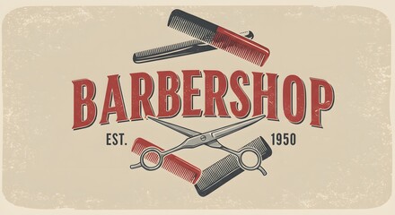 An illustration of barbershop imagery featuring combs scissors and retro lettering