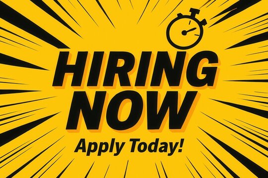 Bold text on a vibrant yellow background with a stopwatch icon emphasizes the urgency of a hiring advertisement, featuring "Hiring Now" and "Apply Today" messages.