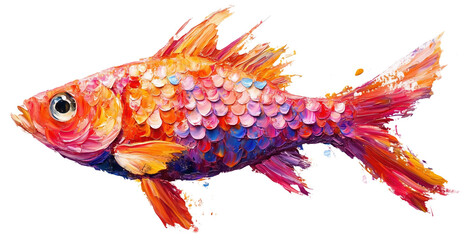 Vibrant fish with colorful scales resembling oil paint dots, showcasing mix of orange, pink, and blue hues. artistic style gives fish dynamic and lively appearance., isolated