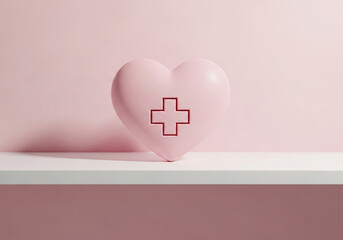 Pink Heart with Medical Cross Symbol on Shelf for Healthcare Concepts