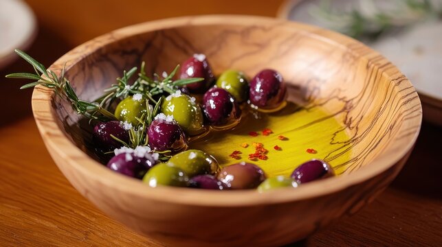 Olive service presentation of mixed Kalamata and green olives in rustic carved bowl with shimmering oil, red pepper flakes and fresh rosemary at luxury restaurant