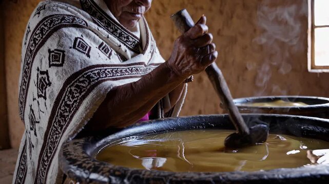 Elderly indigenous man in traditional poncho grinding corn with stone metate in rustic kitchen. Authentic Mexican cooking scene with smoke and natural light.