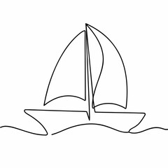 Single line drawing of a sailboat with two sails on wavy water sailing