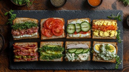 Sandwich halves gourmet selection with visible layers cucumber tomato egg salad turkey bacon microgreens slate board rustic wooden table setting