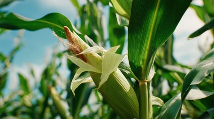 A close-up of corn husks partially peeled on the stalk, with sunlight shining through the green leaves and a clear sky above, symbolizing the ripening harvest season