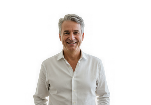 Smiling man with gray hair portrait shot on transparent background