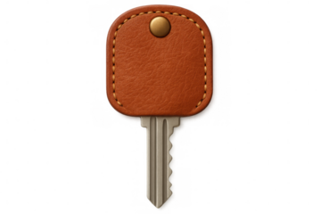 Silver key with brown leather keychain isolated on transparent background, perfect for security and access concepts