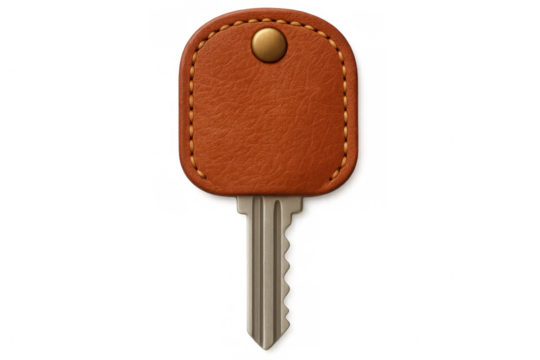Silver key with brown leather keychain isolated on transparent background, perfect for security and access concepts