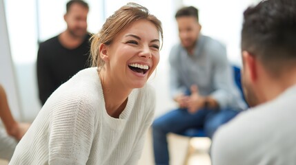 Fototapeta premium A woman happily laughing in a group session.