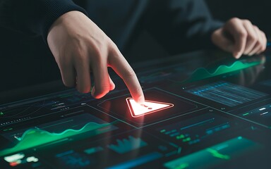 Finger pressing glowing red warning symbol on futuristic digital interface with data graphs hand touching