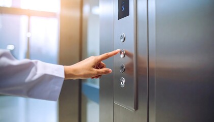 Person's Finger Pressing Elevator Button, Modern Design, Bright Lighting.