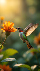 Fototapeta premium hummingbird in flight with flowers