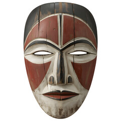 Hand-carved African tribal mask with bold colors and weathered texture, cultural art for design