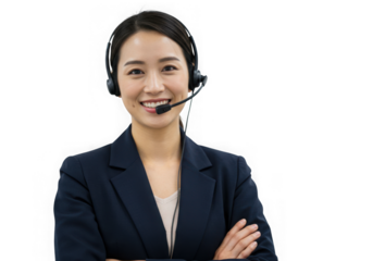 Woman smiling wearing headset and jacket on transparent background