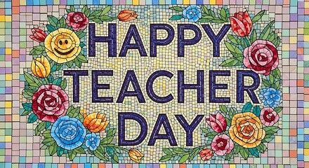 Happy teacher day with floral border and colorful background