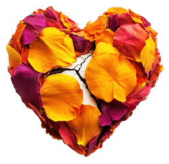 Heart made of vibrant flower petals with visible cracks symbolizes nature gentle healing and emotional resilience. colorful petals wrap around broken heart, creating striking visual., isolated