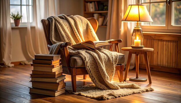 Cozy reading nook with armchair, open book, warm lamp, and stack of books on wooden floor - Powered by Adobe
