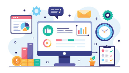 Digital analytics dashboard with computer screen charts graphs and icons vector illustration