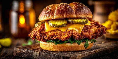 Crispy Chicken Sandwich with Melted Cheese and Pickles on Rustic Wooden Board, Delicious Hamburger