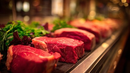 A close-up of fresh cuts of beef displayed on a butchers counter, with vibrant red meat and fine marbling, showcasing its freshness