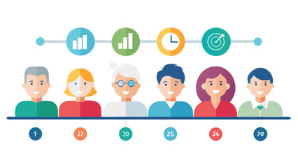 Diverse group of people with age indicators and infographic icons representing data and time on a timeline